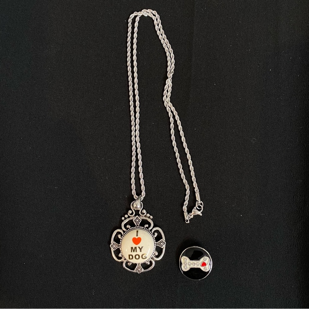 Snap Jewelry Silver tone metal pendant I Love my Dog snap base Chain Necklace